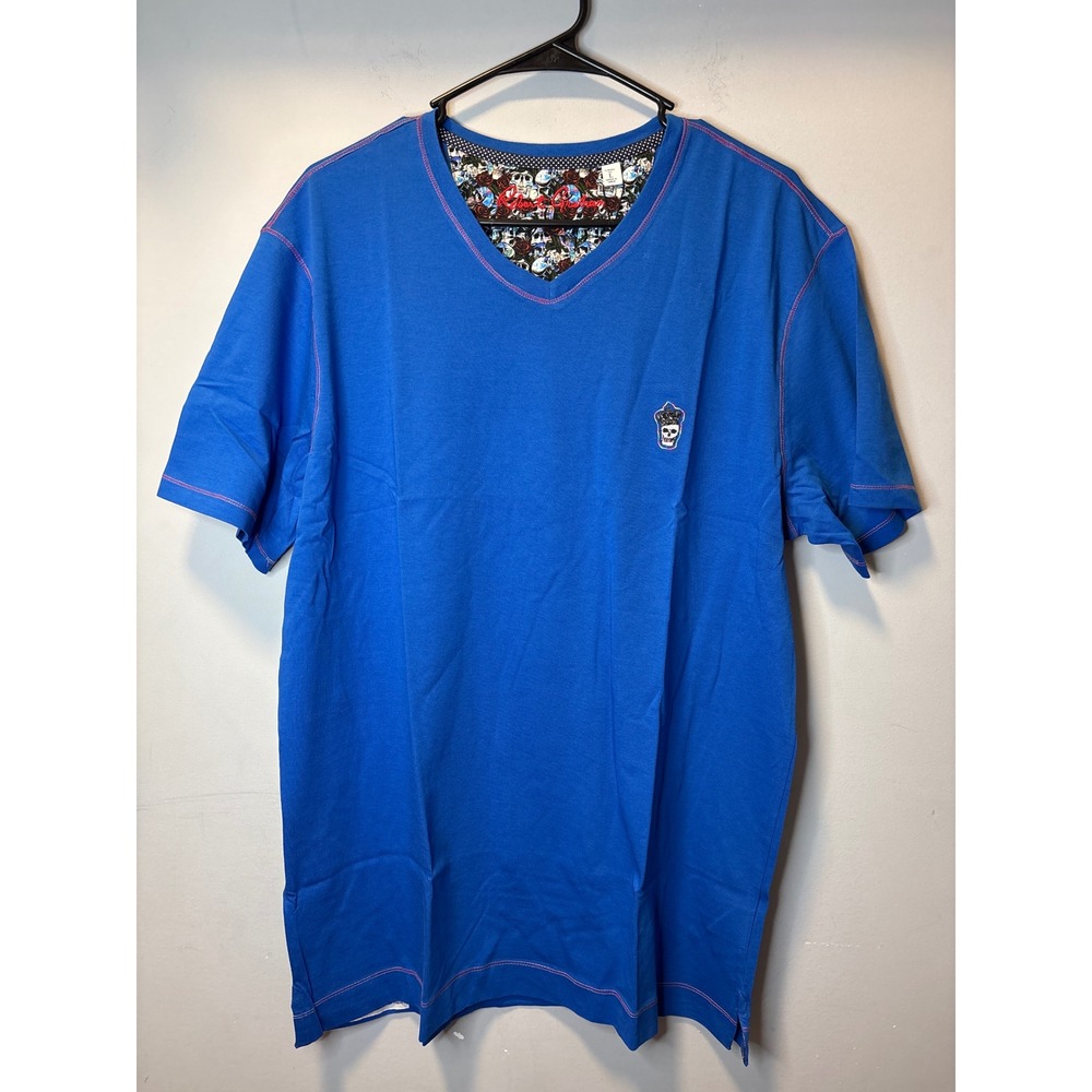 Robert Graham Damien V-Neck T-Shirt Cobalt Blue Skull Graphic Mens L NWT